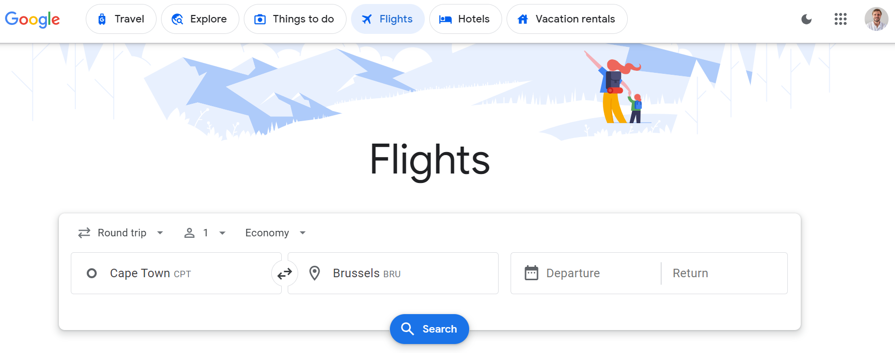 Google Flights landing page